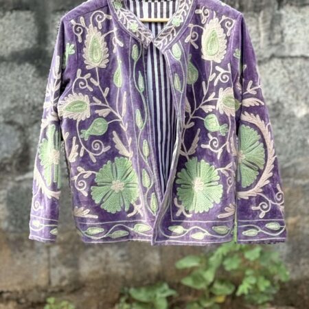 Womens Purple Velvet Embroidered Jacket with Floral Design