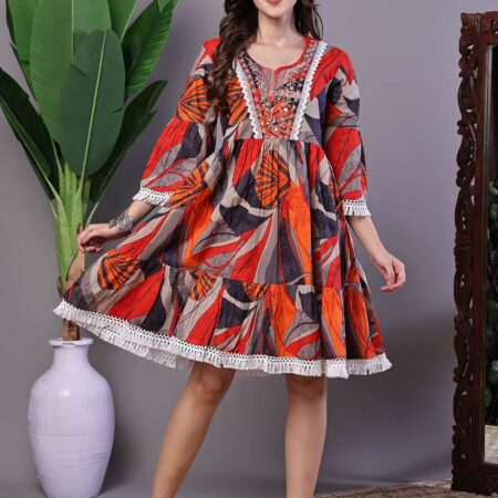 Wome's Multicolor Printed Cotton A-Line Dress with Embroidered Yoke Midi Dresses