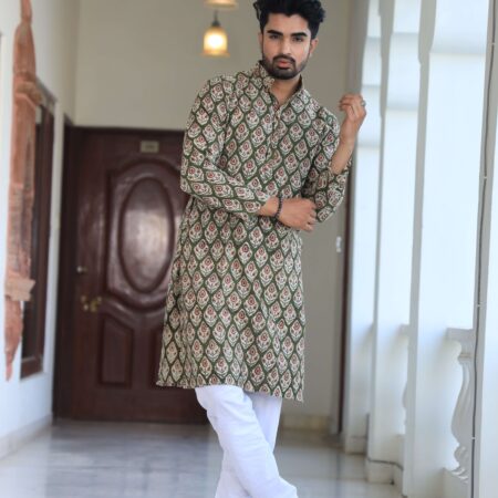 Mens Green Printed Cotton Kurta with White Pajama – Traditional Festive & Casual Wear
