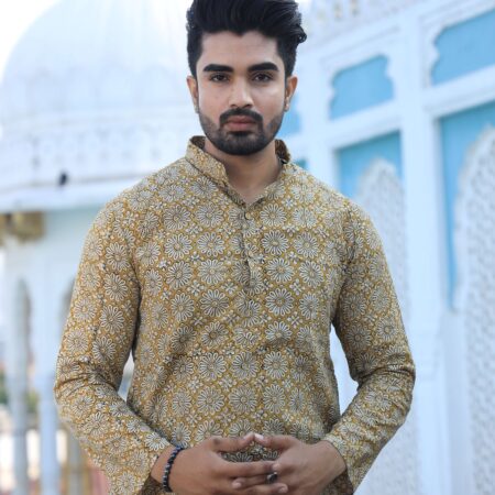 Mens Mustard Yellow Handblock Printed Cotton Kurta with White Pajama – Traditional Festive Wear