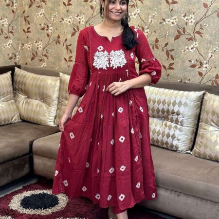 Women's Cotton Printed Long Anarkali Kurti With Pant